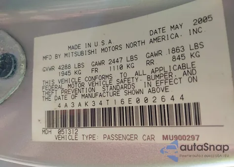 2006 Mitsubishi Eclipse Gt from USA, damaged, VIN 4A3AK34T16E002644